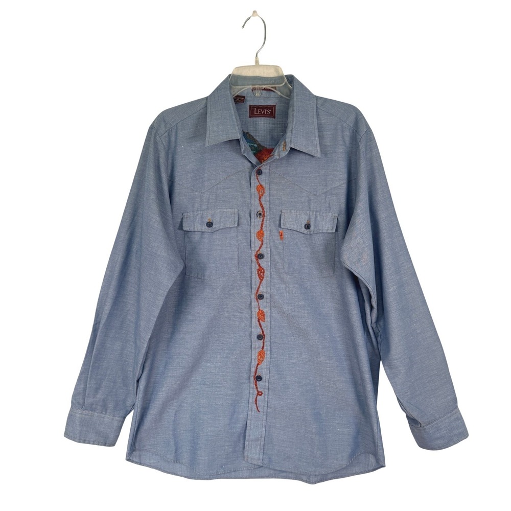 Vintage Levi's Tailored For Men XL Chambray Shirt Embroidered Rooster USA